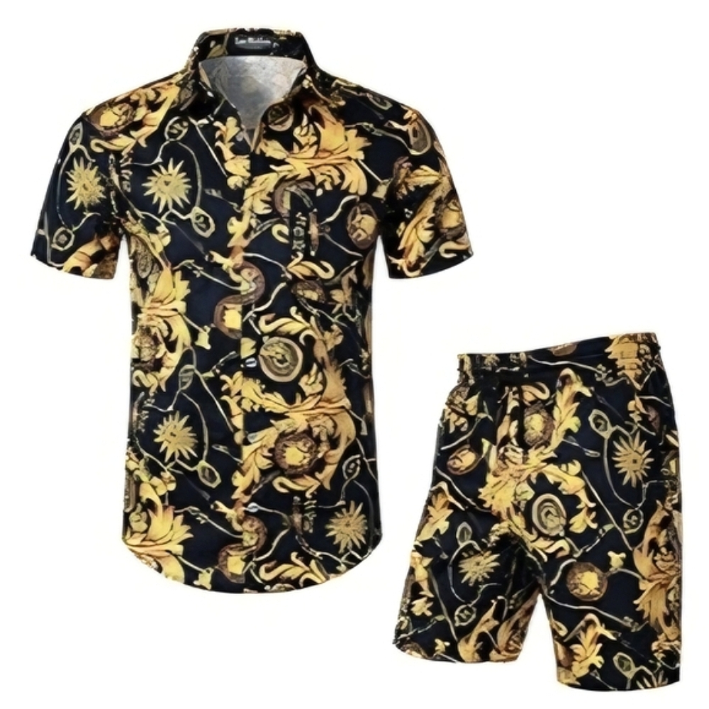 NEW MENS 2 PIECE LUXURY PRINT SHIRT & SHORT SET SIZE LARGE
